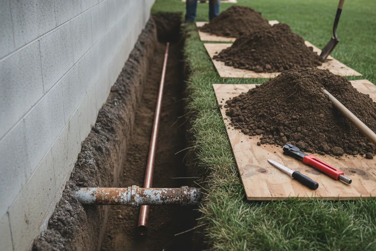 Excavated water line trench during Sewer Line Repair in State Center